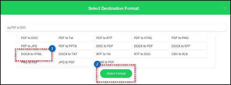 select docx to html option